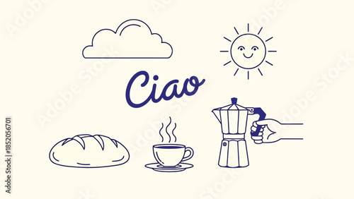 Italian Breakfast Scene: Cloud, Sun, Bread, Coffee, and Moka Pot Illustration
