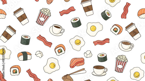 Breakfast food pattern illustration: eggs, bacon, coffee, sushi, and popcorn on white background