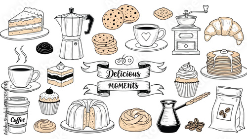 Delicious food and coffee elements illustration, perfect for cafe menu designs, restaurant