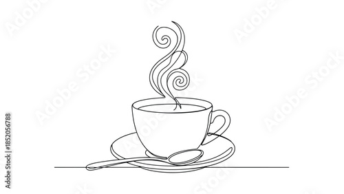 Minimalist Art of a Steaming Coffee Cup on Saucer and Spoon, Isolated on White