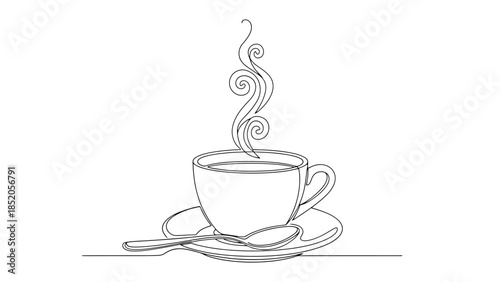 Minimalist one art cup of coffee with steam over a saucer and spoon on white background.