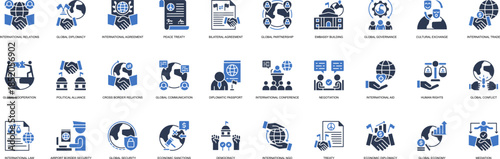 International Relations solid style icon set. Containing International Relations, Global Diplomacy, Peace Treaty, Bilateral Agreement, Partnership, embassy Building