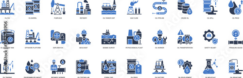 Oil Industry solid style icon set. Containing Oil industry, Barrel, Pumpjack, Refinery, Tanker Ship, Gas Flare, Pipeline, Storage Tank