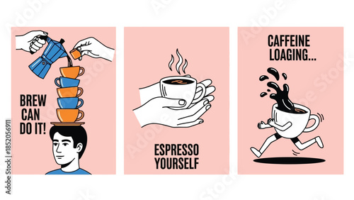 Coffee-themed illustration set on a pink background, featuring creative designs and phrases