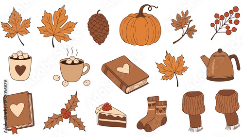 Autumnal collection of illustrations: fall leaves, pumpkin, and warm cozy vibes