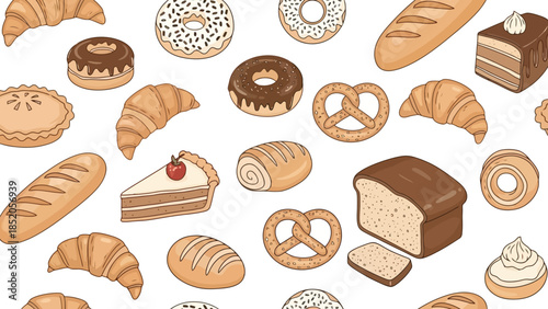 Delicious Baked Goods Illustration: Doughnuts, Croissants, and Pretzels on White Background
