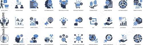 Market Segmentation solid style icon set. Containing Buying Habits, Socioeconomic, Case Study, Customer Insights, Behavioral Patterns, Purchase Frequency 