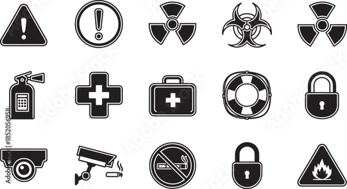 Set of safety and warning signs icons on transparent background