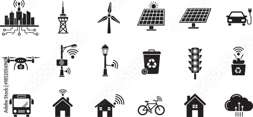 Smart city and transportation icons on checkered background
