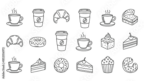 Delicious hand-drawn coffee shop treats and beverages, perfect for cafe menu designs