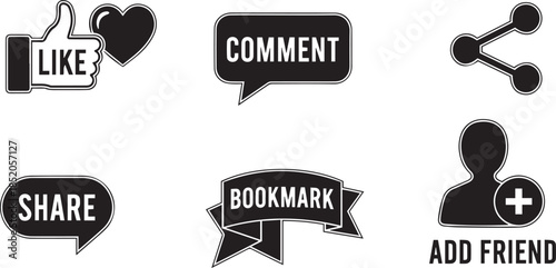 Social media icons set vector illustration, like comment share bookmark