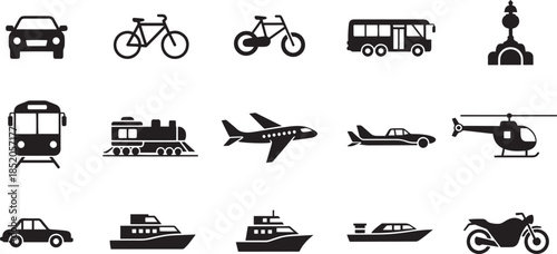 Collection of transportation vehicles and public transport icons