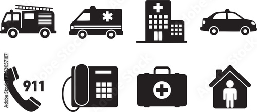 Emergency services and medical icons for help and safety