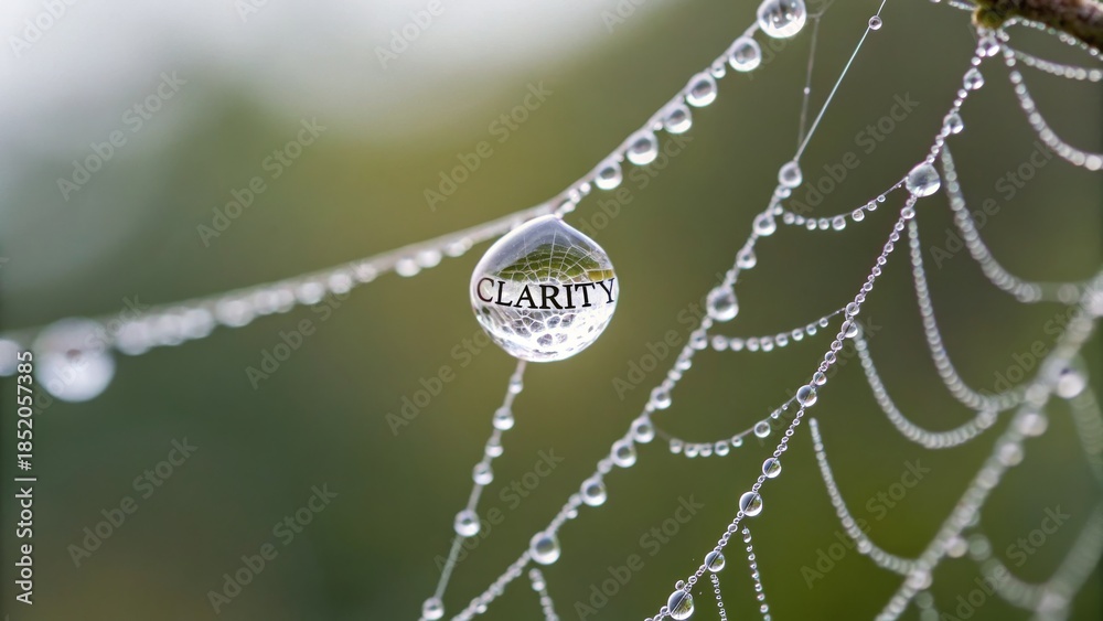 Fototapeta premium Droplet with Clarity Text on a Spider Web in Nature