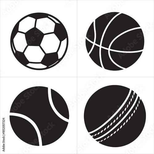 Vector set of four black and white sports icons: golf ball, American football, baseball, and volleyball. Clean, minimalist design for athletic applications