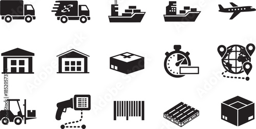 Logistics and delivery icons set, shipping and transportation concepts