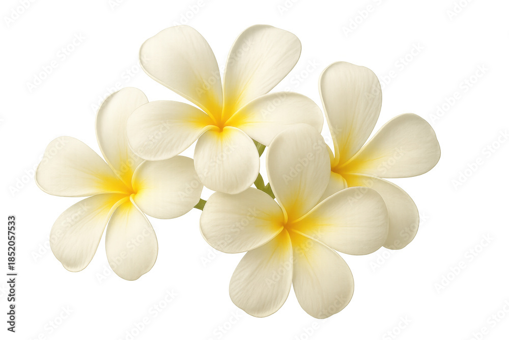 Naklejka premium Frangipani flowers blooming, white petals with yellow centers creating a tropical, serene, and fragrant botanical design element