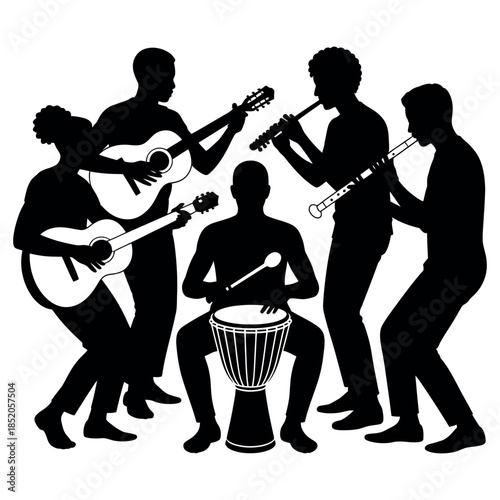Black silhouette illustration band playing instruments guitarist flutist drummer performance live concert stage group performance white background