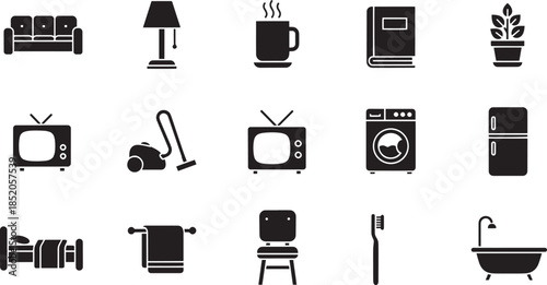 Home furniture appliances icons set black solid symbol for domestic use