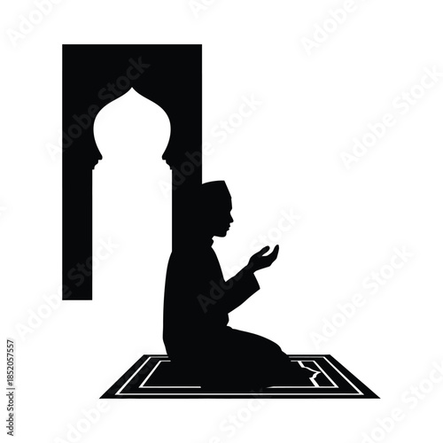 Silhouette of a man praying on a mat in front of an archway, minimal islamic silhouette