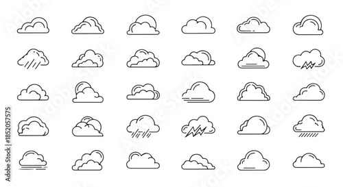 Collection of modern cloud weather icons in simple line style