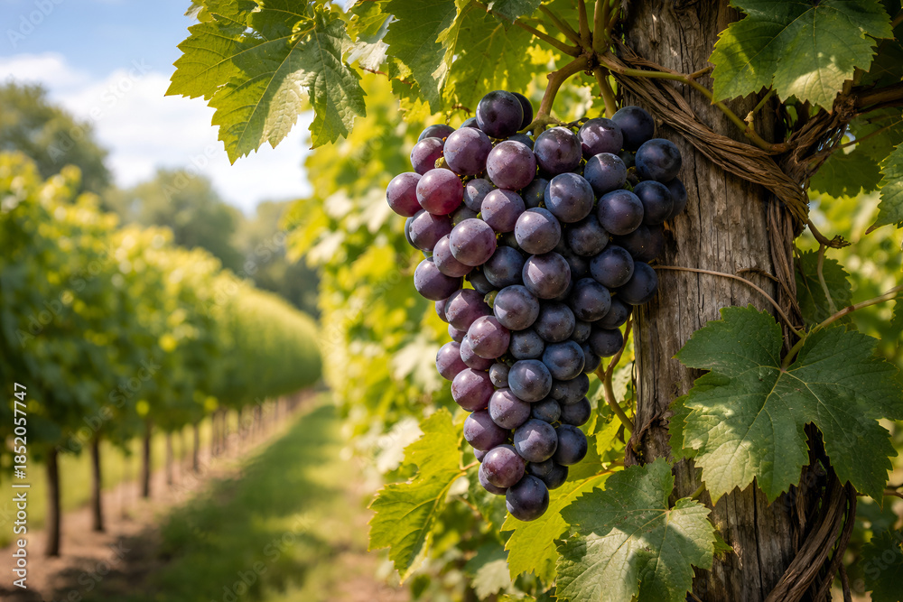 Fototapeta premium Close up of ripe purple grapes on vine in vineyard at harvest time
