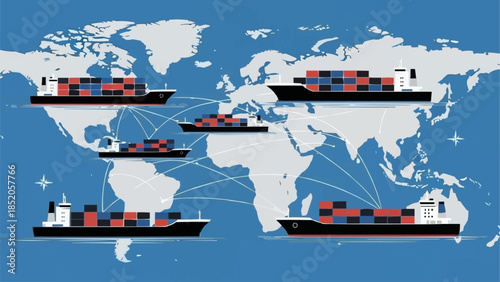 Container Ships Navigating Global Trade Routes on World Map.
