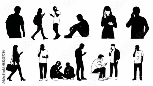 Diverse group of people using smartphones in various poses and settings.