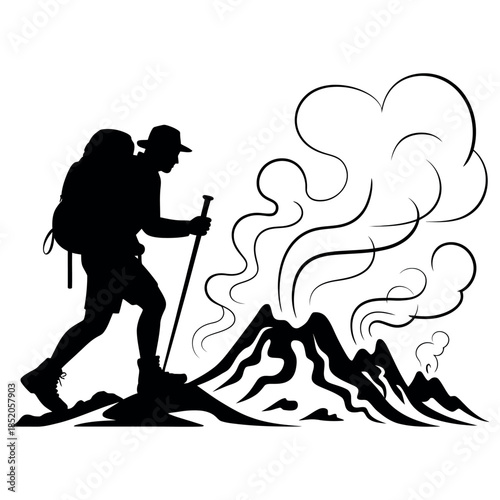 Man Hiking Near Volcano With Backpack Silhouette Enjoying Adventure In Nature Outdoors Trekking Expedition Tourist Active Lifestyle Recreation