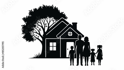 Silhouette of a family standing in front of their home.