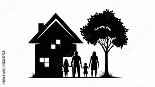 Family Silhouette Standing Outside Their Home With A Tree.