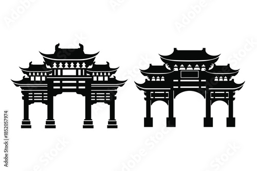 Chinese Gate Archway Vector Icons – Chinatown Entrance and Paifang Symbols