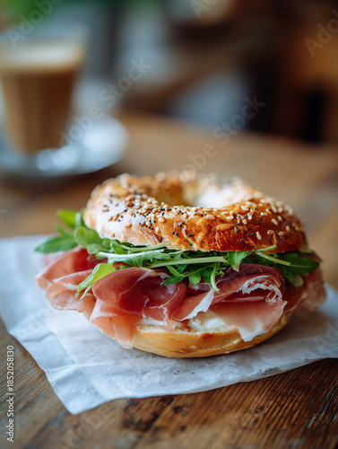 Close-up of a bagel with Parma ham and arugula, topped with sesame and seeds, served with a cup of coffee. Gourmet breakfast or brunch concept with fresh ingredients.