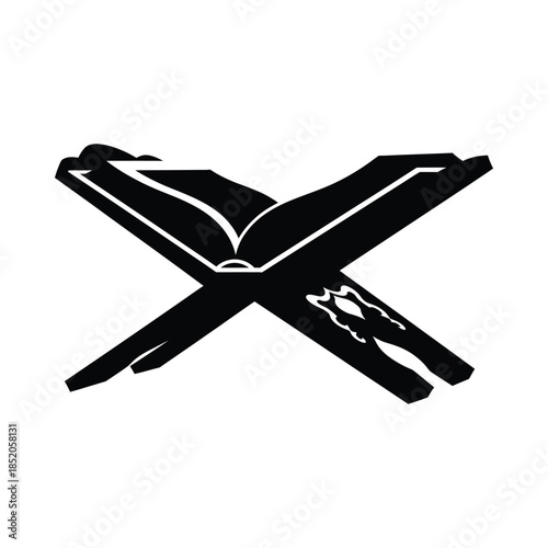 Black silhouette of two crossed swords with an open book on top, minimal islamic silhouette