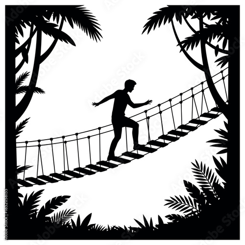 Person Silhouette On Suspension Bridge In Jungle Walking Adventure Crossing Forest Canopy Nature Outdoors Exploring Wilderness Leisure Activity