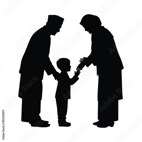 Silhouette of a child receiving a gift from two adults in a heartwarming moment, minimal islamic silhouette