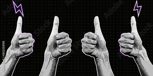 Four hands giving thumbs up with purple lightning bolts on a black background