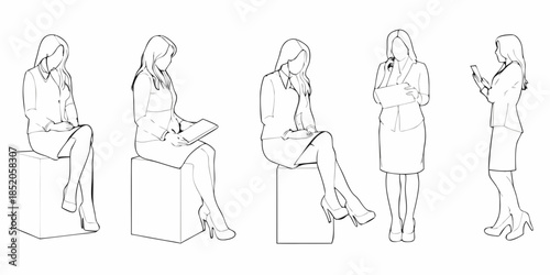 Five women in business attire depicted in various poses and viewpoints