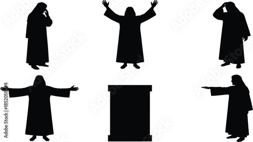 Robe figure, expressive pose, silhouette illustration, black vector, dramatic gesture, podium icon, storytelling, emotion, performance, character, graphicRobe figure, expressive pose
