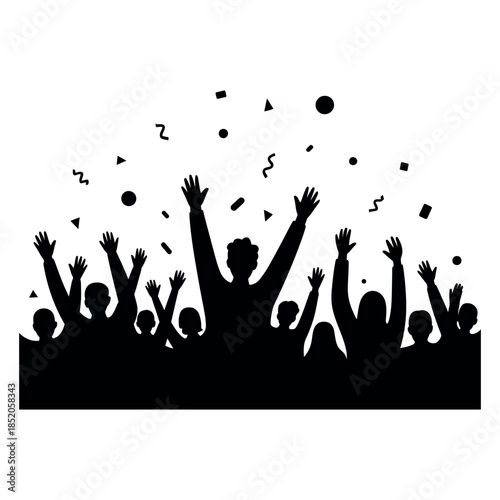 Silhouette illustration depicting group of people celebrating success with hands raised against white background reaching goals and joyful expressions