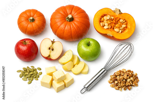 Autumn baking ingredients with pumpkins apples butter walnuts and whisk on white background