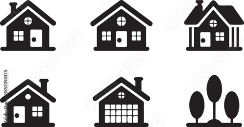 Minimal black house icon set showing different home and building silhouettes on white background