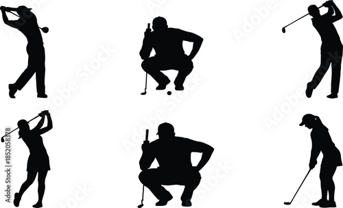 Golf swing, athlete silhouette, sports pose, black vector, golf stance, player action, fitness motion, outdoor activity, precision, illustrationGolf swing, athlete silhouette, sports pose