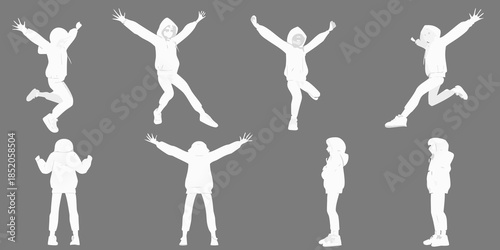 Silhouettes of a person in various jumping and celebratory poses against gray