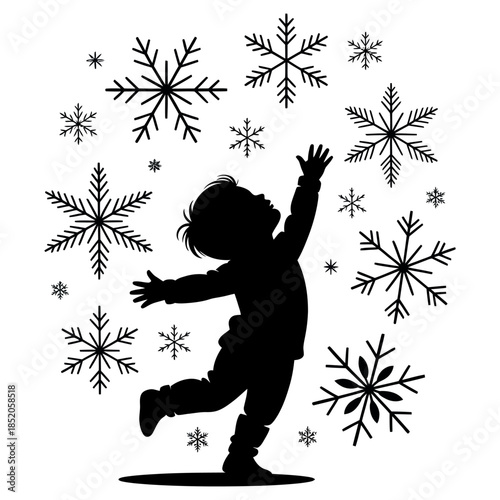 Silhouette of Child Reaching for Snowflakes with Arms Outstretched on White Background Winter Season Holiday Concept Vector Illustration