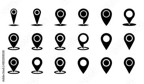 Black Map Pin Location Icon Set Vector with Minimal Flat Design for Navigation and Web Use