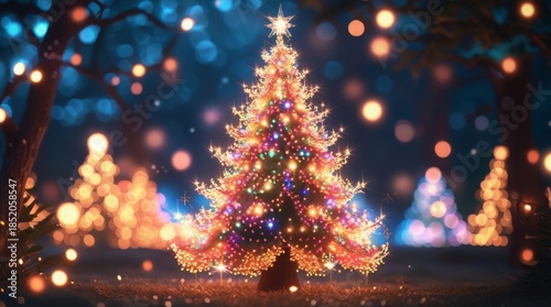 Glowing Christmas tree composed of thousands of sparkling lights with a bokeh effect, featuring a vibrant and radiant color palette, set against a transparent background, perfect for festive holiday 
