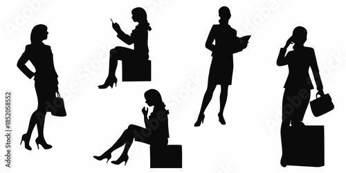 Silhouettes of business women in various poses with briefcases and phones