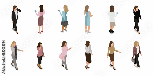 Isometric illustration of diverse women in business attire walking and interacting