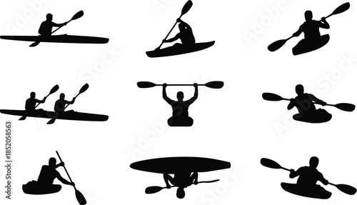 Kayaking silhouette, water sport, paddle action, black vector, outdoor adventure, canoe pose, athlete motion, river activity, recreation, graphicKayaking silhouette, water sport, paddle action